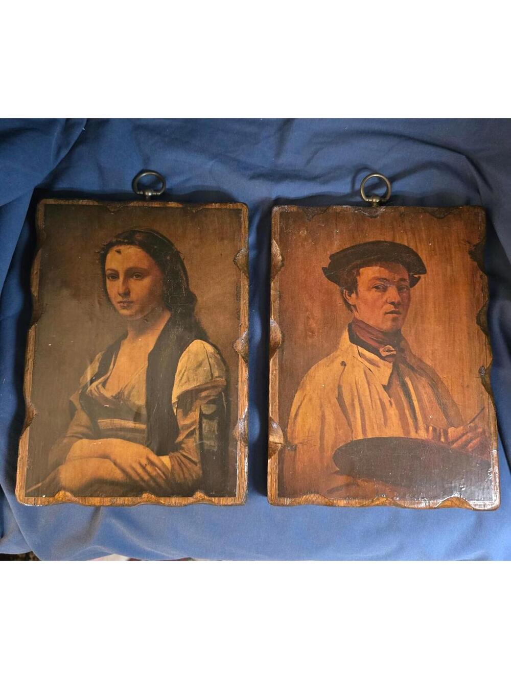 Vintage Pair Wood Portrait Plaques- Girl With A Pearl & Self-Portrait W Palette